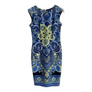 Madison Leigh Women's Dress Size 6 Blue Sleeveless Paisley Print Sheath Pencil